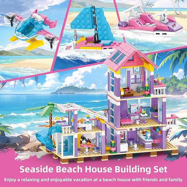 955 Piece Beach House Building Set,Seaside Beach Villa Building Toys Friends Vacation Hut Blocks Set,STEM BuildingToys with Helicopter,Yacht,Sailboat,Christmas Birthday Gift for Girl Age 6-12+
