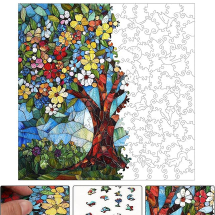 Wooden Puzzles for Adults, Glass Tree of Life Jigsaw Puzzles, 213 Pieces Adults Puzzles, Gifts for Puzzle Lover, Family Brain Game, 12.2x12.2 inch