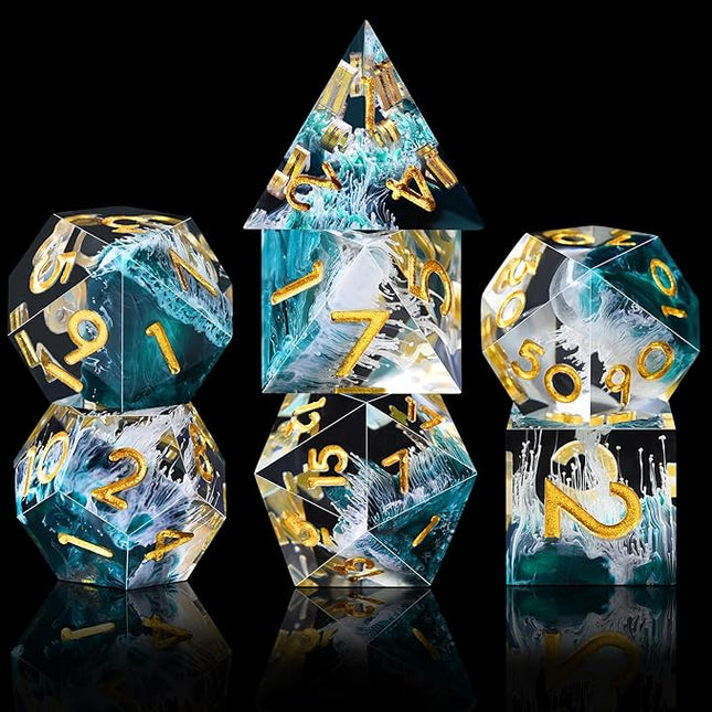 AUSTOR 7-Die DND Dice Set Handmade Sharp Edge Polyhedral Dice for Dungeons and Dragons RPG MTG Table Games（Wave Green）