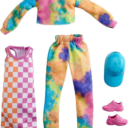 Barbie Fashions 2-Pack Clothing Set, 2 Outfits Doll Include Tie-Dye Joggers & Sweatshirt, Checked Dress, Blue Cap & Pink Sneakers, Gift for Kids 3 to 8 Years Old