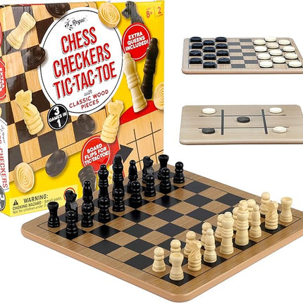 Regal Games - Reversible Wooden Board for Chess, Checkers & Tic-Tac-Toe - 24 Interlocking Wooden Checkers and 32 Standard Chess Pieces - for Age 8 to Adult for Family Fun