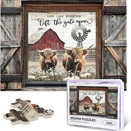 Highland Cow Jigsaw Puzzles 500 Pieces for Adults, Farm Animal & Daisies Country Scene, Rustic Window View Wooden Puzzle, Relaxing Nature Art & Farmhouse Decor Gift