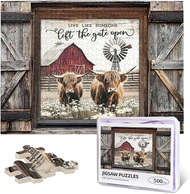 Highland Cow Jigsaw Puzzles 500 Pieces for Adults, Farm Animal & Daisies Country Scene, Rustic Window View Wooden Puzzle, Relaxing Nature Art & Farmhouse Decor Gift