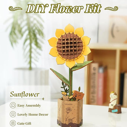 rowood 3D Wooden Puzzles for Adults, DIY Artifical Flower Building Set Craft Kit for Women,Mother's Day/Valentine's Day/Thanksgiving Day/Christmas/Birthday Gift -Sunflower