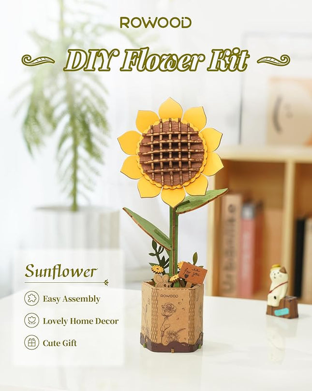 rowood 3D Wooden Puzzles for Adults, DIY Artifical Flower Building Set Craft Kit for Women,Mother's Day/Valentine's Day/Thanksgiving Day/Christmas/Birthday Gift -Sunflower