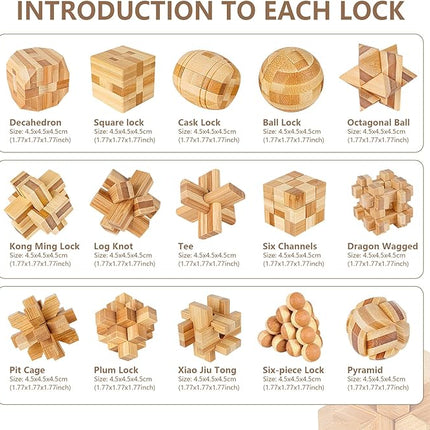 VolksRose 15pcs Wooden Brain Teaser Puzzles, IQ Challenge Puzzle Games, Logic Smart Mind Puzzle Box Lock Toy Removing Assembling 3D Small Puzzle Gift Set for Adults Teenagers Kids, 1.8inch 4.5cm