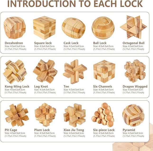 VolksRose 15pcs Wooden Brain Teaser Puzzles, IQ Challenge Puzzle Games, Logic Smart Mind Puzzle Box Lock Toy Removing Assembling 3D Small Puzzle Gift Set for Adults Teenagers Kids, 1.8inch 4.5cm