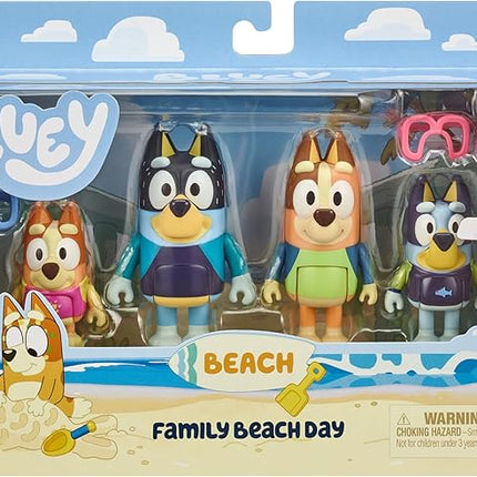 Bluey Figure 4-Pack, Family Beach Day 2.5-3 Inch, Bingo, Bandit and Chilli Character Figures with Accessories