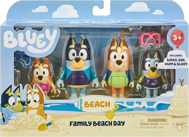 Bluey Figure 4-Pack, Family Beach Day 2.5-3 Inch, Bingo, Bandit and Chilli Character Figures with Accessories