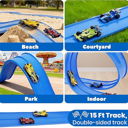 15 Ft Flexible Race Car Track for Kids, Double-Sided Racetrack with Suction Cups, Compatible with Hot Wheels & 1:64 Diecast Cars,Portable Roll Up Track Toy,Gift for Boys Girls Ages 3+ (Blue)