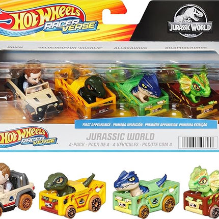 Hot Wheels Toy Cars, RacerVerse 4-Pack of Die-Cast Vehicles Featuring Jurassic World Characters Charlie, Owen, Dilophosaurus & Allosaurus as Drivers
