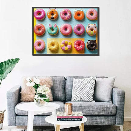 Colorful and Playful Donut Jigsaw Puzzle，Cat-Shaped Doughnut 1000 Pieces Jigsaw Puzzles for Adults，27 x 20 Inches Puzzles for Families，HD Quality Different Shapes Colors Doughnuts Puzzle Decor