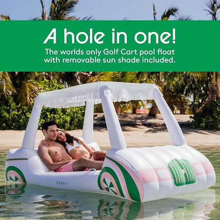 FUNBOY Giant Inflatable Luxury Golf Cart Pool Float, Two Cup Holders, Removable Fringe Shade, Float for Summer Pool Party and Entertainment