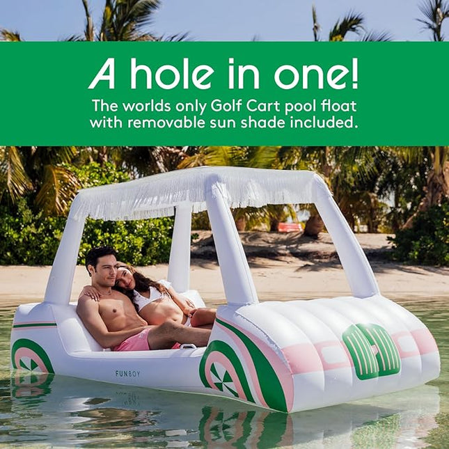 FUNBOY Giant Inflatable Luxury Golf Cart Pool Float, Two Cup Holders, Removable Fringe Shade, Float for Summer Pool Party and Entertainment