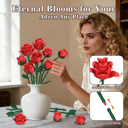 Red Roses Flower Bouquet Building Sets, 670Pcs Artificial Flowers Building Blocks Compatible with Lego Flowers for Adults Christmas Birthday Gifts for Women Mom Valentines Day Gifts