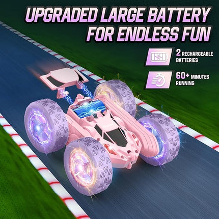 Remote Control Car, Double Sided 360°Rotating 4WD RC Cars with Headlights 2.4GHz Electric Race Stunt Toy Car Rechargeable Toy Cars for Boys Girls Birthday (Pink and Purple)