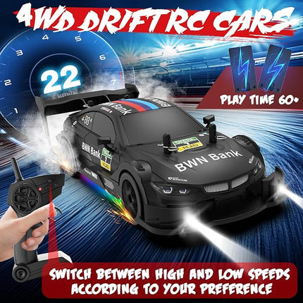 RC Drift Car 1:20 Scale Remote Control Cars 2.4GHz 4WD High Speed RTR Racing Vehicle with LED Lights 2 Rechargeable Batteries and Drifting Tires Racing Sport Toy Car for Adults Kids Boys Girls