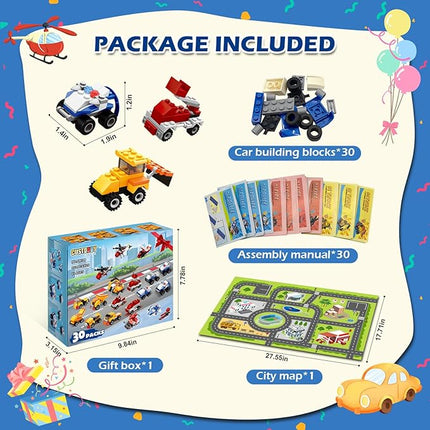 30 Packs Party Favors for Kids - 3 in 1 Mini Cars Building Blocks Toy Include Fire Truck, City Police Car, Construction Vehicle for Classroom Prizes, Christmas Birthday Gift for Boys 6-12
