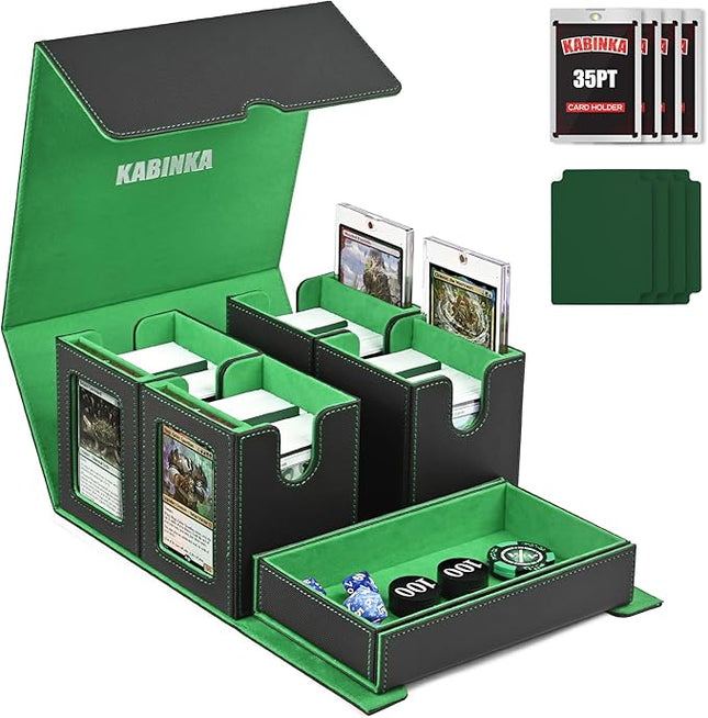 Card Deck Box for MTG with Commander Display, 5 in 1 Card Storage Box Fits 400+ Double-sleeved Cards, Removable Deck Case for TCG/Sports Cards with Dice Tray, 4 Magnetic Card Holders (Black Green)