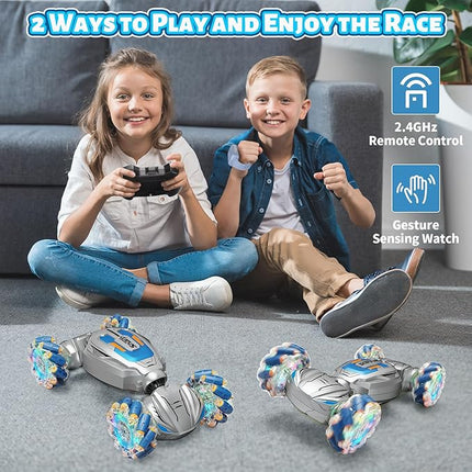 Gesture Sensing RC Stunt Car, Remote Control Car Birthday gifts for kids Age 6-12, 2.4Ghz Hand Controlled Twist Cars, 360° Rotating Transform Off Road Car Toy for Boys Girls Age 6 7 8 9 10 11+ (Gray)