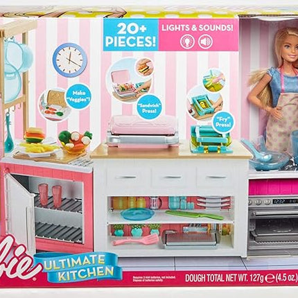 Barbie Kitchen Playset with Doll, Lights & Sounds, Food Molds, 5 Dough Colors and 20+ Accessories