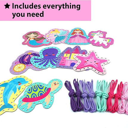 KRAFUN Beginner Unicorn My First Lacing Card Kit for Kids Arts & Crafts, 10 Easy Princess, Mermaid, Lacing Projects, Toddlers Lace Project, Fine Motor Preschool Skills Toys