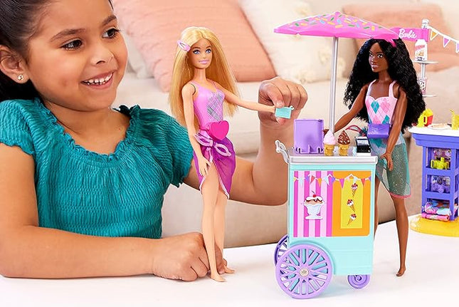 Barbie Playset & 2 Dolls with 20+ Accessories, Beach Boardwalk Set Includes Snack Stand, Ice Cream Kiosk, Puppy & Themed Pieces
