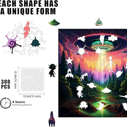 Wooden Jigsaw Puzzle for Adults - Challenging 300 Piece Puzzle with Cool Shapes - UFO Alien Landscape Puzzle Art - Paranormal Collection (Earthly Encounter)