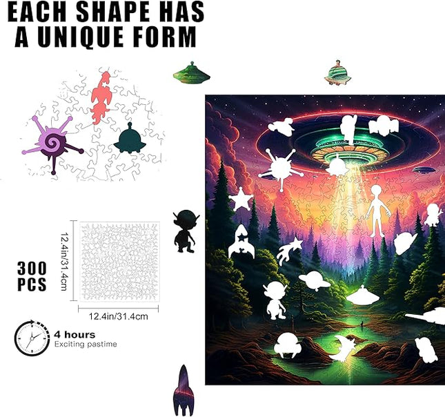 Wooden Jigsaw Puzzle for Adults - Challenging 300 Piece Puzzle with Cool Shapes - UFO Alien Landscape Puzzle Art - Paranormal Collection (Earthly Encounter)
