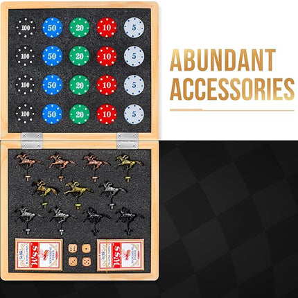 Large 21 Inches Horse Race Board Game, Horse Racing Games with Cards and Dice & 11 Luxury Metal Horses, Thickened Wood Chessboard, Classic Wooden Table Top Board Games for Adults and Family