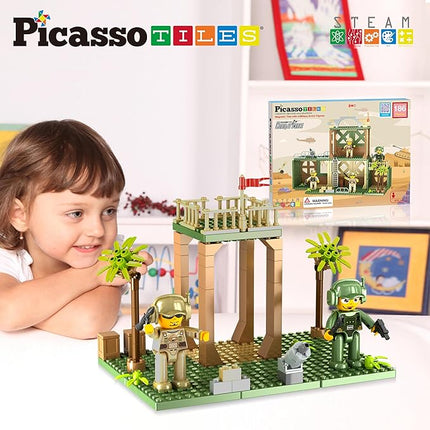 PicassoTiles Magnet Tile Building Brick Blocks Military Combat Force Theme Magnetic Tiles Construction Block Playset 4 Character Action Figures with Weapons Interlocking Bricks STEM Toy Ages 3+ PTL18