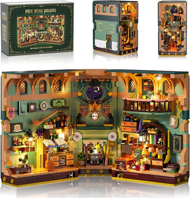 Magic Potion Booknook Building Set with Light, DIY Bookend Building Block Kit for Home Decor Bookshelf, 990 PCS Miniature Book Nook House Building Brick Model for Adults Kids Boys Girls Age 8+
