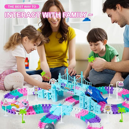 Unicorn Race Track Car Set for Kids, Flexible DIY Tracks with Unicorn and Shark Cars, STEM Building Toy for Girls and Boys Ages 3 4 5 6 7, Birthday Gift Idea