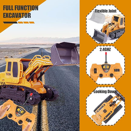 Remote Control Front Loader - Metal Shovel, LED Working Lights, Music & 2 Rechargeable Batteries, Construction Toys for Boys Age 4 5 6 7 8 Birthday Gift