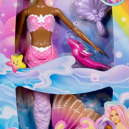 Barbie Mermaid Doll, “Brooklyn” with Pink Hair, Styling Accessories, Pet Dolphin and Water-Activated Color Change Feature, HRP98