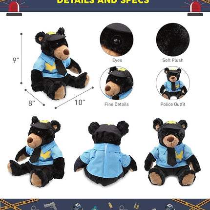 DolliBu Black Bear Police Officer Plush Toy - Super Soft Plush with Red Plaid Hoodie Stuffed Animal with Cute Cop Uniform and Cap Outfit - Gift with Personalization - 10 Inches