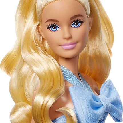 Barbie Fashionistas Doll #237 with Wavy Blonde Ponytail Wearing Blue Bow Halter Dress, Black Hair Bow Accessory and Matching Blue Heels