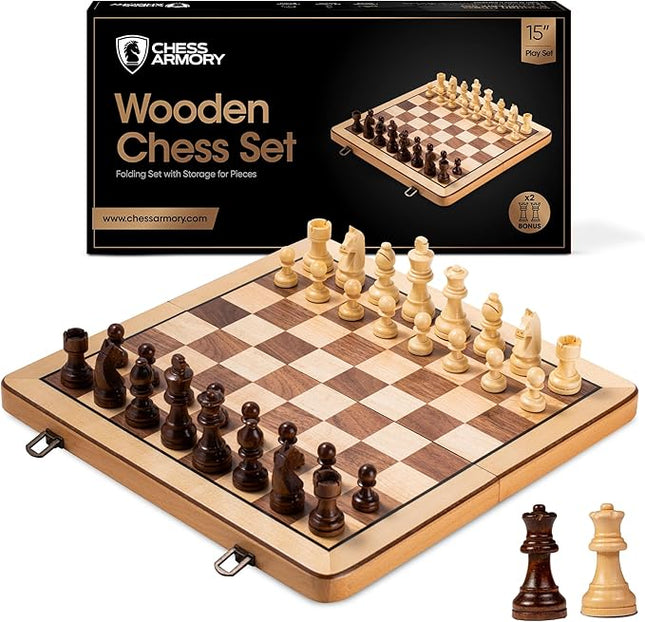 Chess Armory Wooden Chess Set 15 Inch - Premium Beech Wood Handcrafted Game Board for Adults and Kids with Extra Queen Pieces and Storage Box - Ideal for Home and Travel - Non-Magnetic