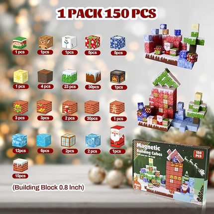 Magnetic Blocks - 150 PCS Magnets Block Sensory Educational Interactive Building Toy Set for Toddlers Kindergarten Creative STEM Learning Gift, Magnet 0.8in Tiles Construction Suit, Snow and Christmas