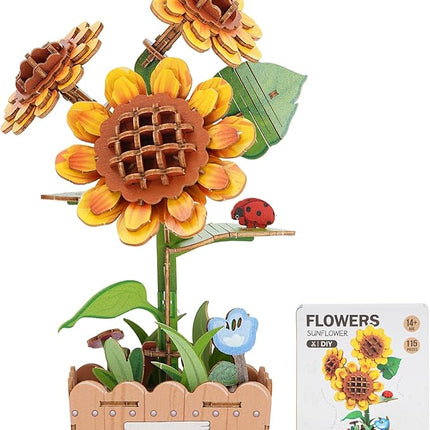 3D Wooden Puzzles for Adults - Sunflower Flower Puzzle, DIY Wooden Flowers Model Building Kits Crafts, Botanical Collection Gift Ideas for Mother's Day Birthday Christmas Housewarming