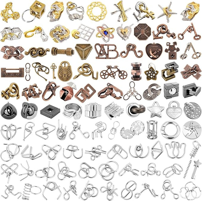 Yilloog 100 Styles Metal Brain Teaser Puzzles Assortment Bulk for Adults Difficult Magic Puzzles Highly Hard Brain Games Iq Logic Test Disentanglement Game Gift for Christmas Classroom Mind Challenge