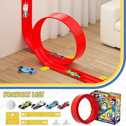 13 Ft Flexible Race Car Track Compatible with Hot Wheels and Diecast 1:64th Cars,Classic Long Rolls Up Portable Racetrack Roll Up Race Track, Birthday Gifts for Boys Girls Ages 3-12, Red
