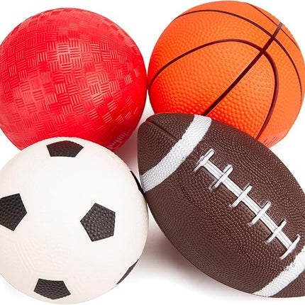 Balls for Toddlers with Pump 4 Pack 5" Small Rubber Playground Balls for Kids - 1 Football, 1 Basketball, 1 Soccer Ball and 1 Dodge Kickball - Indoor Outdoor Toys Gift