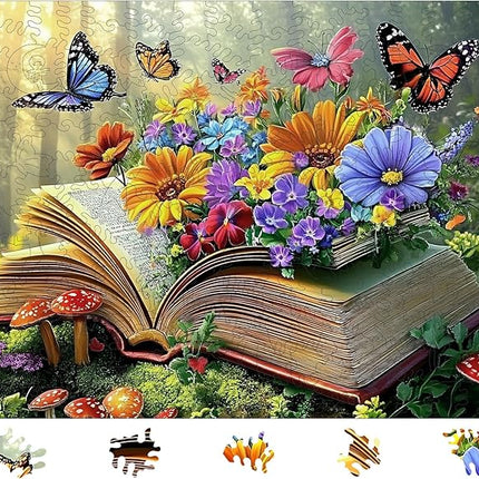 Wooden Puzzles for Adults 500 Pieces, Butterfly Flying of Book Jigsaw Puzzles, Irregular Puzzles Creative Gift for Adults and Kids Family Brain Game, 14.2x18.8 inch