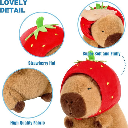 Ditucu Cute Capybara Plush Wear Strawberry Hat Soft Capibara Stuffed Animal Plushies Toys Hugging Gifts for Kids Brown 9 inch