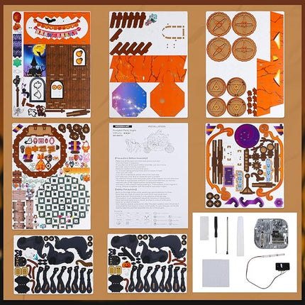 Halloween 3D Wooden Puzzles for Adults, 274 PCS Pumpkin Carriage Puzzle Kit Model with Lights, Music Box & Running Carriage, Boo Basket Stuffers Halloween Decor Indoor