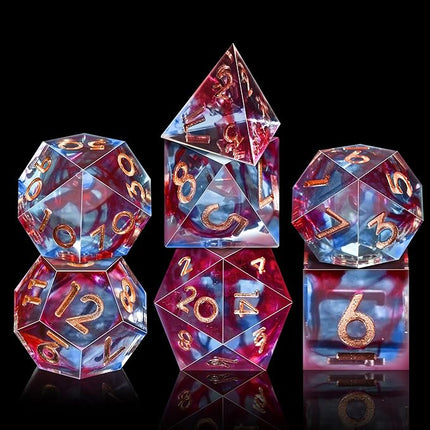 AUSTOR 7-Die DND Dice Set Handmade Sharp Edge Polyhedral Dice for Dungeons and Dragons D&D RPG MTG Table Games (Blue & Red, Copper)