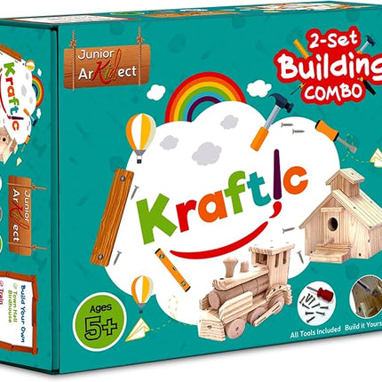 Kraftic Woodworking Building Kit for Kids and Adults, 2 Educational DIY Carpentry Construction Wood Model Kit Toy Projects for Boys and Girls - Build a Wooden Town Hall Birdhouse and Train