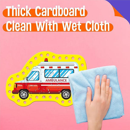 SpriteGru 9 Pieces Kids Lacing Cards, Double Sided Sewing Cards in 9 Vehicle Cards with 9 Colorful Laces, Imagination Development Lacing Toys Games for Children Educational and Learning Activity