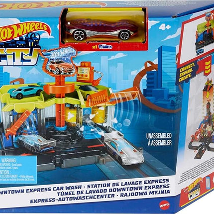 Hot Wheels City Toy Track Set, Downtown Express Car Wash Playset with 1:64 Scale Vehicle, Foam Roller & Drying Flaps